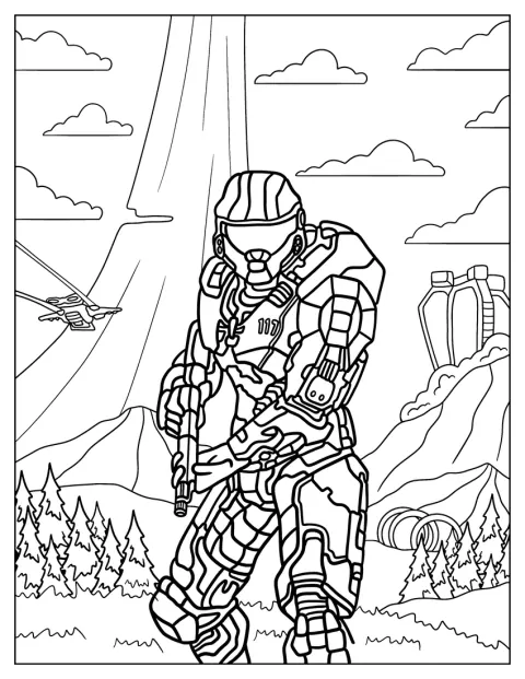 Master Chief aparece bajo una nave que vuela por el cielo.