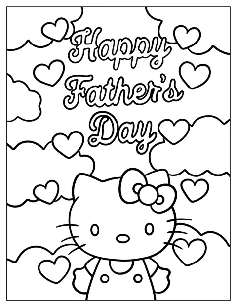 Hello Kitty spogląda na napis z życzeniami dla taty na niebie.