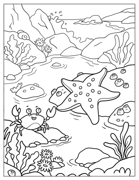 Starfish Resting on the Shore across a Crab Coloring Page