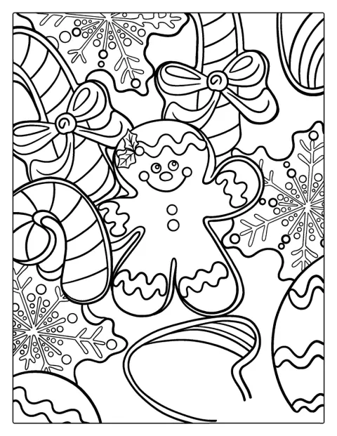 Enfeites e flocos de neve rodeiam o boneco de gengibre.