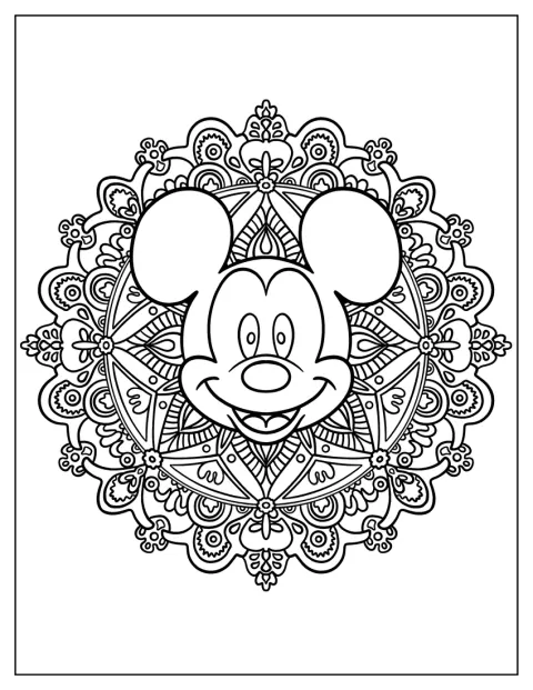 Mickey egér egy részletgazdag mandala közepén látható.