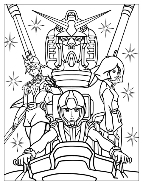 Kamille Bidan, Sayla Mass i Char Aznable pozują razem w świecie Mobile Suit Gundam.