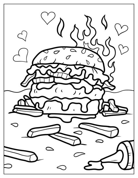 Vlammen laaien rond een pittige hamburger met friet ernaast.