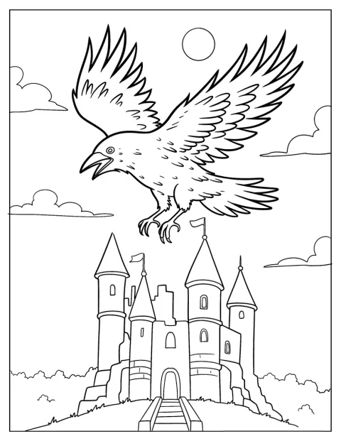 Ein großer Rabe fliegt über eine mittelalterliche Burg.