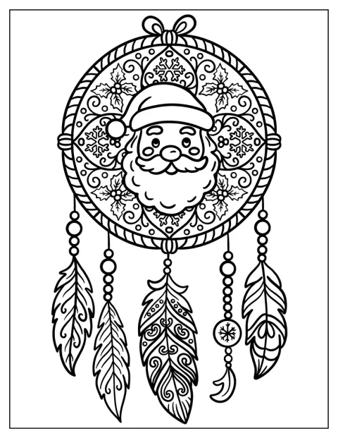 Le visage du Père Noël orne un attrape-rêves décoré de plumes et de motifs de Noël.