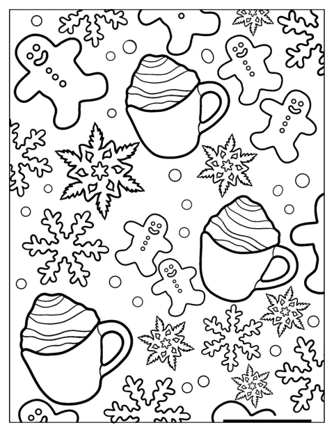 Uma caneca de chocolate quente e um boneco de gengibre aparecem junto de flocos de neve.