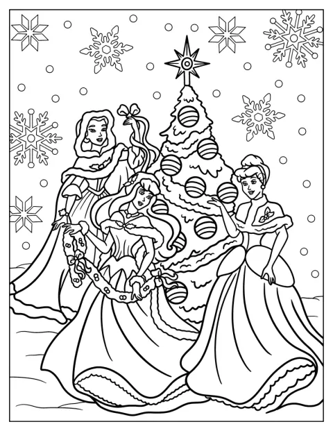ベル、シンデレラ、オーロラがクリスマスツリーを飾っています。
