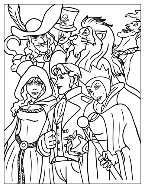 Hans, Hades, Scar, Madre Gothel, Capitán Garfio, Dr. Facilier y Queen Grimhilde aparecen juntos.