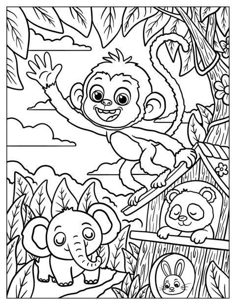 Ein Affe schwingt über zwei Elefanten, einem Panda und einem Kaninchen durch die Luft.
