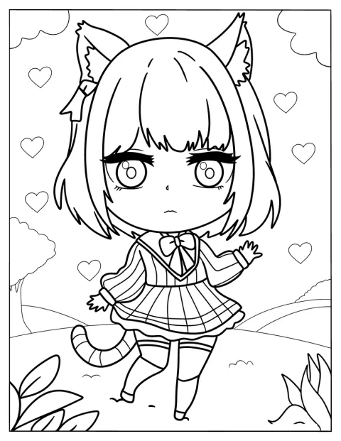 Una chica chibi de expresión seria tiene orejas y cola de gato.