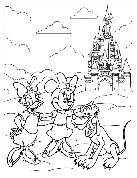 Daisy Duck, Minnie Mouse e Pluto sono insieme davanti a un castello.