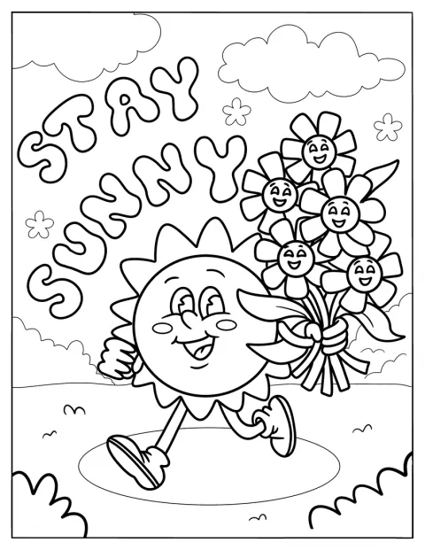 太陽と花々のそばに「晴れやかに過ごそう」という言葉が添えられています。