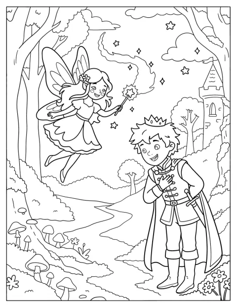 En prins møder en fe blandt træerne i en fortryllet skov.