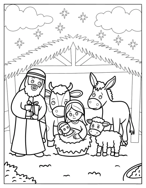 Joosef ja Maria ovat Jeesus-lapsen luona, ja eläimet ympäröivät heitä.