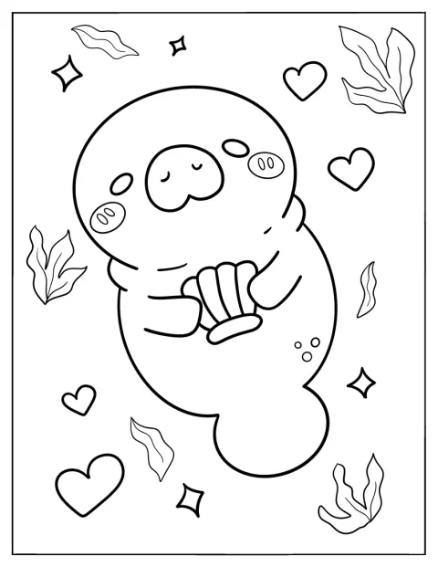 Chibi-tyylinen manaatti pitelee simpukankuorta meren pohjalla.