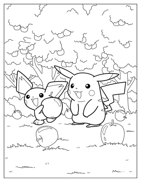 Pichu ramasse des pommes avec Pikachu.