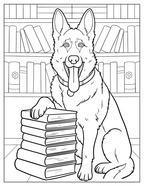 In einer Bibliothek legt ein zotteliger Schäferhund die Pfote auf einen Bücherstapel.