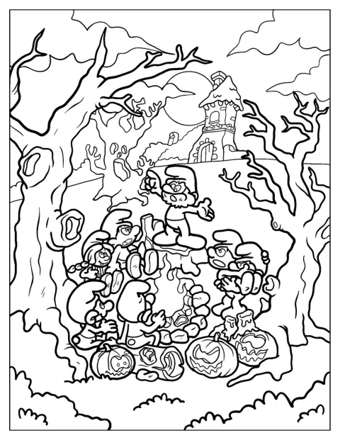 Os Smurfs aparecem rodeados de motivos detalhados do Dia das Bruxas.