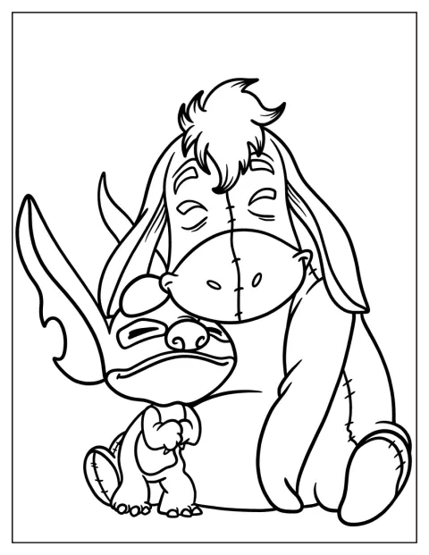 Stitch holder om Eeyore i et stort kram.