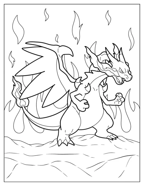 Mega Charizard X puster en kraftig ildstråle ut i luften.