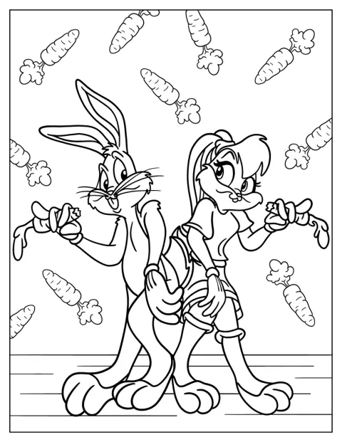 Bugs Bunny et Lola Bunny savourent ensemble des carottes.