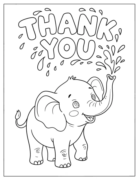 Baby Elephant Spraying Water on Thank You Text Coloring Page for Preschoolers