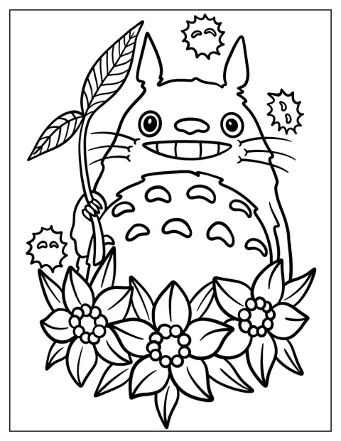 Totoro és a korommanók közösen tartanak a fejük fölé egy levelet.