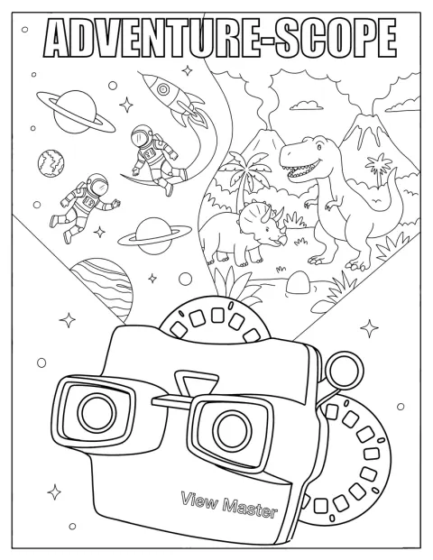 Un View-Master est accompagné de bobines illustrant l’espace et les dinosaures.