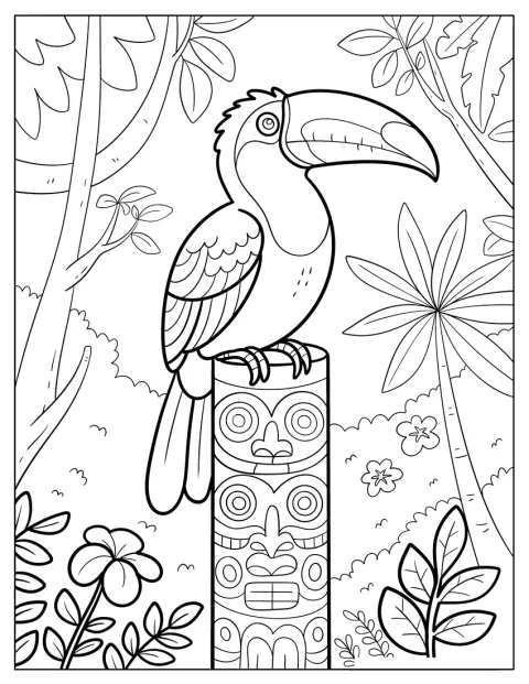 Ein Tukan sitzt auf einem Tiki-Totem mitten im Dschungel.