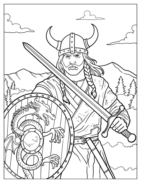 Realisticky zobrazený vikingský válečník drží meč a štít.