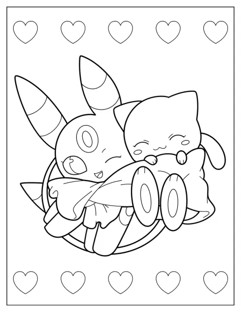 Umbreon stringe teneramente Mew tra le braccia.