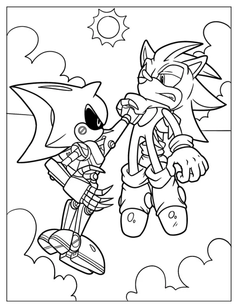 Metal Sonic agarra a Sonic por el cuello.