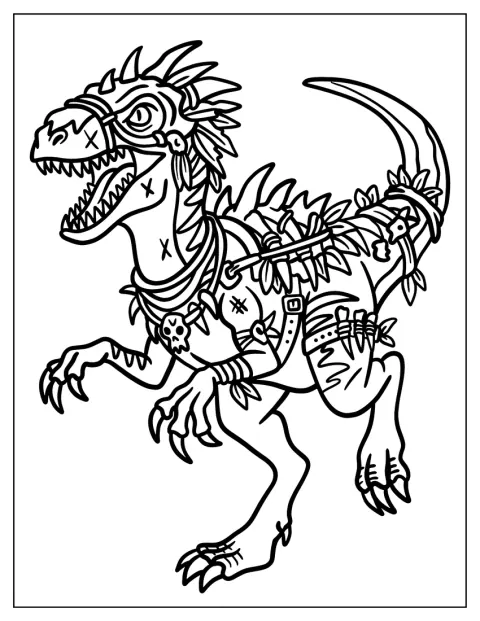 Ein Velociraptor trägt stacheliges Punk-Zubehör.