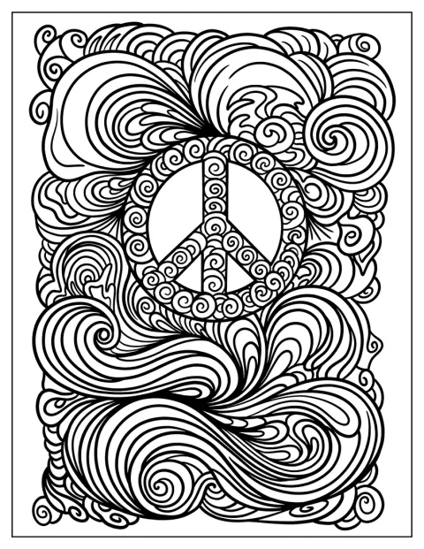 Um símbolo da paz detalhado está rodeado por ondas sinuosas.