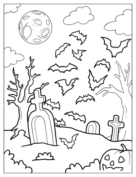 Liliecii zboară deasupra unui cimitir în noaptea de Halloween.