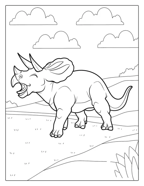 Ein fröhlicher Triceratops spaziert über ein Feld.