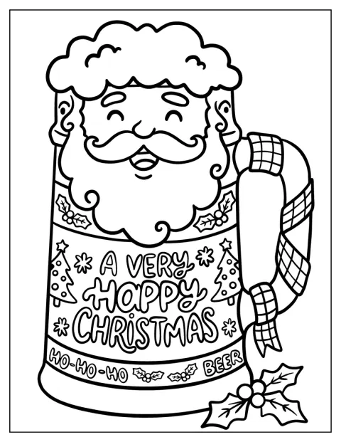 Een bierpul met een kerstman draagt een sjaal en een feestelijke boodschap.