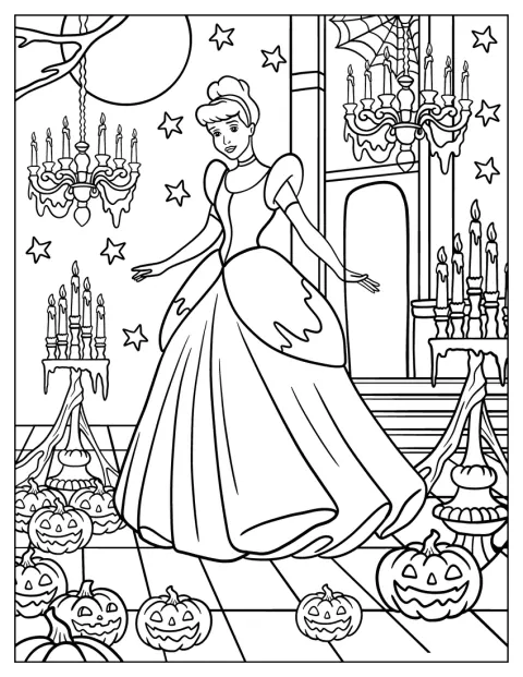 Cenicienta está en un salón de baile con candelabros, telarañas y calabazas.