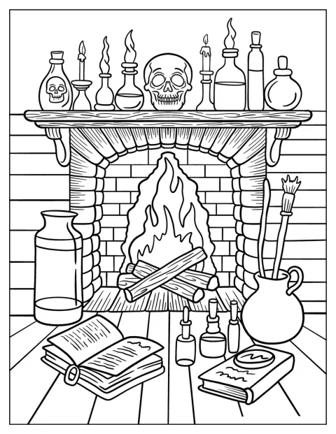 Halloween Coloring Page for Adults of Witch’s Fireplace with Open Spellbook and Glowing Candles