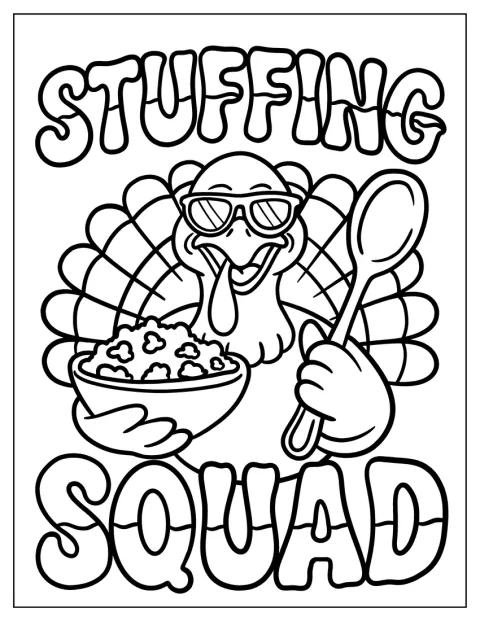 En kalkun spiser stuffing til Thanksgiving.