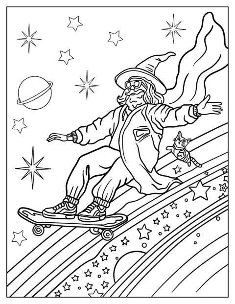 Wizard Coloring Page Skateboarding Down Rainbow With Can