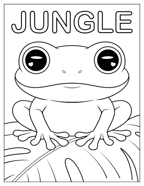 Egy nagy szemű béka ül egy levélen a „Jungle” felirat alatt.