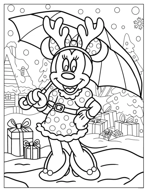 Minnie Mouse nosí sobí parohy v zimní scéně.
