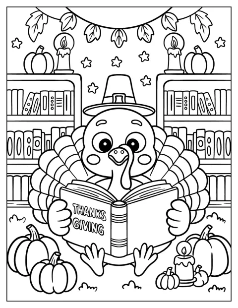 En söt kalkon sitter och läser en bok till Thanksgiving.