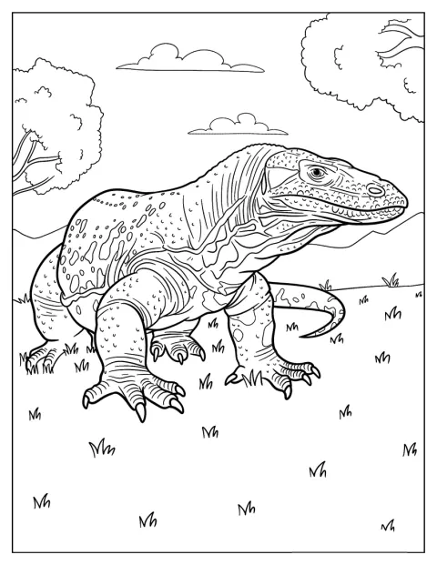 Un drago di Komodo anziano striscia sull’erba.
