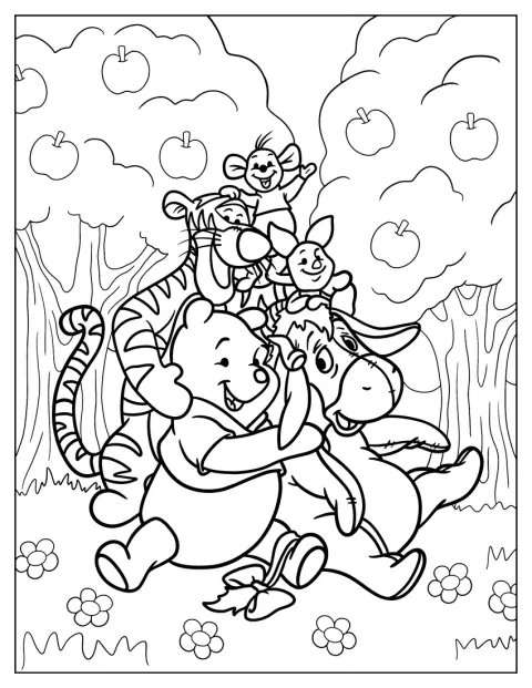 Ih-Oh è con Pooh, Rue, Tigro e Piglet nel Bosco dei Cento Acri.
