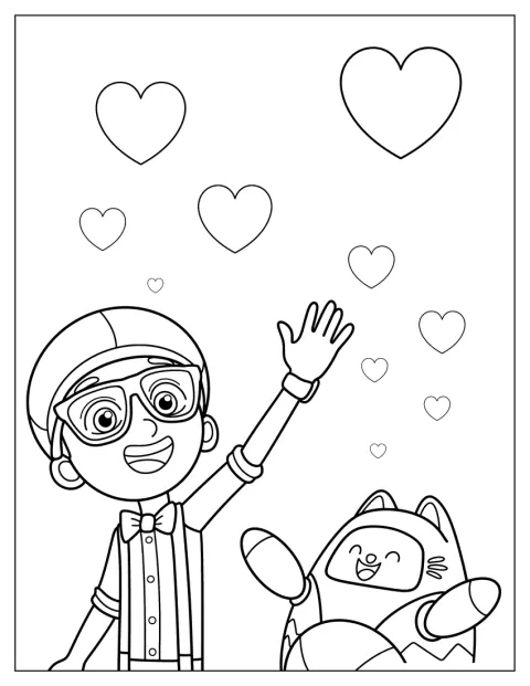 Blippi egy cicával játszik a szobában.