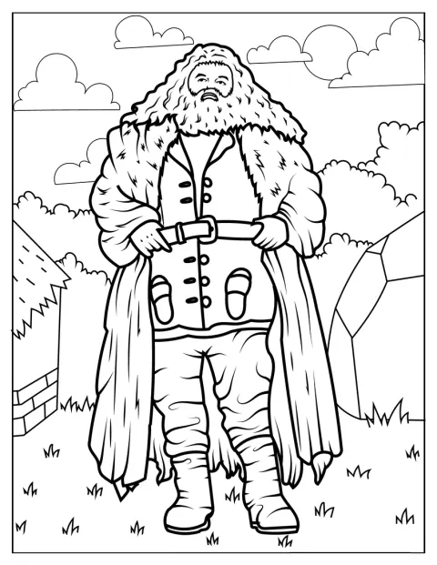 Rubeus Hagrid stoi w pełnym wzroście, ubrany w długi płaszcz.