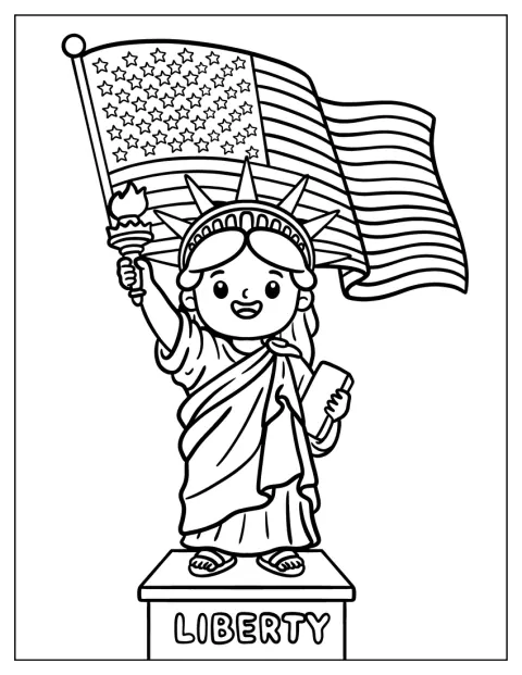 Het schattige Vrijheidsbeeld houdt een Amerikaanse vlag vast.