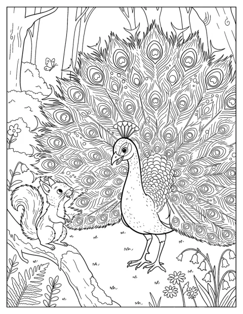 Un paon déploie ses plumes devant un écureuil.